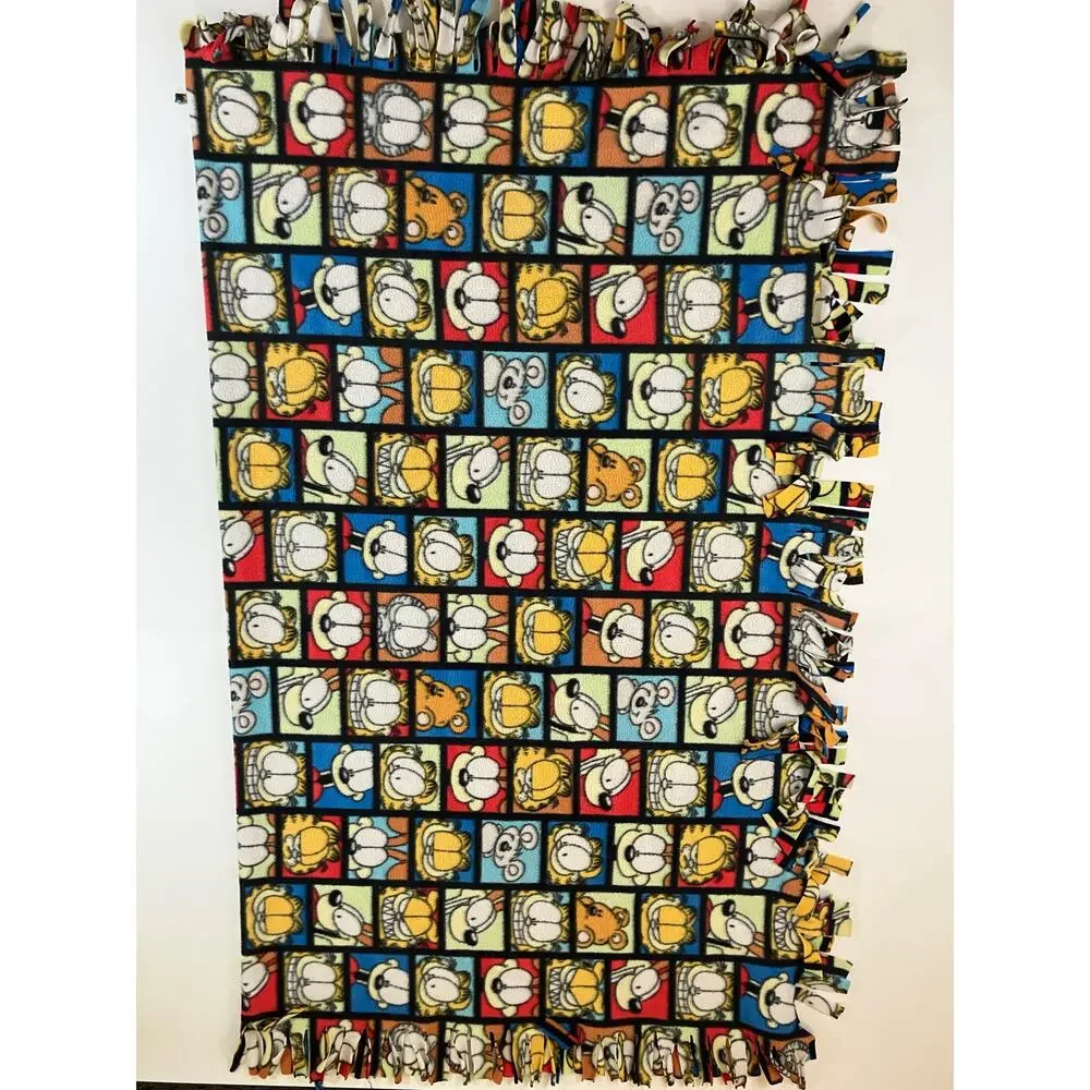 Garfield Odie Fleece Throw Blanket Multicolor Comic Character Grid Fringe 52x60
